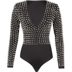 Pretty Attitude Women's Studded Bodysuit Rockstar Goth Bodysuit with Studs in Kuwait
