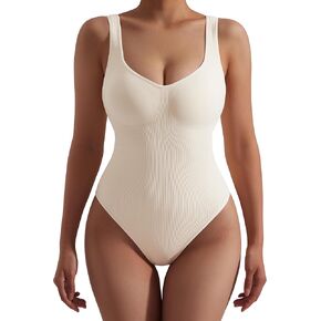 SUUKSESS Women V Neck Ribbed Seamless Bodysuit Sleeveless Padded Sexy Tank Top