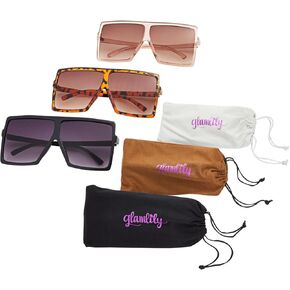 3 Pack Oversized Square Sunglasses for Women with Pouches, Flat Top Dark Shades (3 Designs), Black, Tortoiseshell, and Transparent Light Pink, Oversized in Kuwait