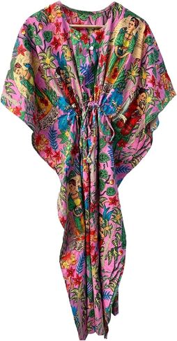 Pranipat Handicrafts Indian Long Frida Kahlo Print Hippie Caftan Maxi Women Sleepwear Beach Coverup Intimate Dress in Kuwait