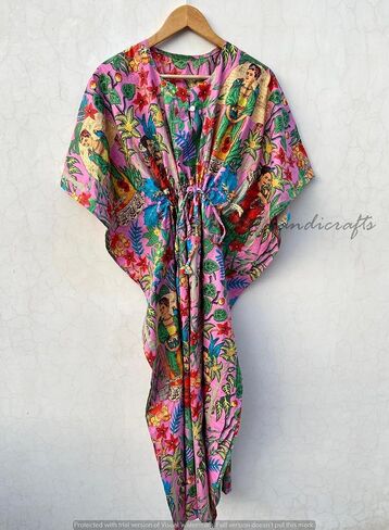 Pranipat Handicrafts Indian Long Frida Kahlo Print Hippie Caftan Maxi Women Sleepwear Beach Coverup Intimate Dress in Kuwait