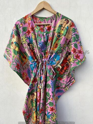 Pranipat Handicrafts Indian Long Frida Kahlo Print Hippie Caftan Maxi Women Sleepwear Beach Coverup Intimate Dress in Kuwait