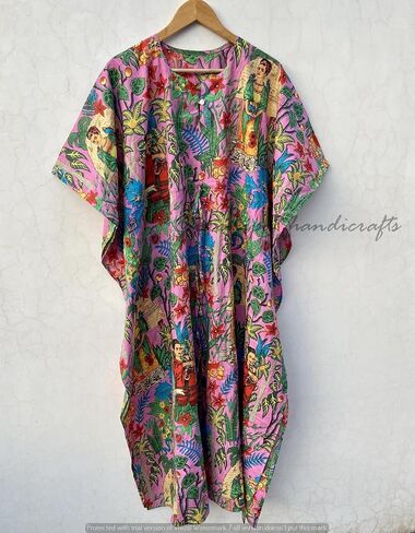 Pranipat Handicrafts Indian Long Frida Kahlo Print Hippie Caftan Maxi Women Sleepwear Beach Coverup Intimate Dress in Kuwait