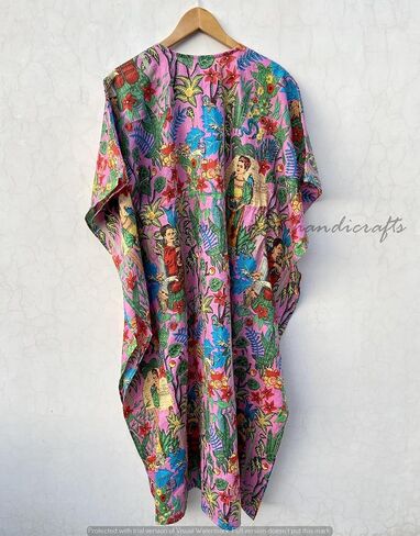 Pranipat Handicrafts Indian Long Frida Kahlo Print Hippie Caftan Maxi Women Sleepwear Beach Coverup Intimate Dress in Kuwait