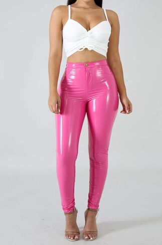 سراويل طويلة للسيدات من Baonmy مصنوعة من الجلد الصناعي الصناعي وبطانة صوف عالية الخصر للشتاء (وردي، L) in Kuwait