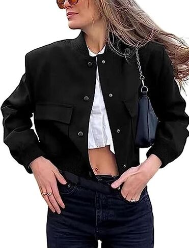 InterNos Womens Cropped Bomber Jacket Lightweight Classic Button Varsity Jacket Streetwear in Kuwait