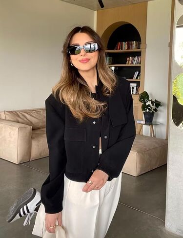 InterNos Womens Cropped Bomber Jacket Lightweight Classic Button Varsity Jacket Streetwear in Kuwait