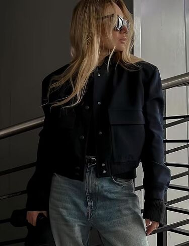 InterNos Womens Cropped Bomber Jacket Lightweight Classic Button Varsity Jacket Streetwear in Kuwait
