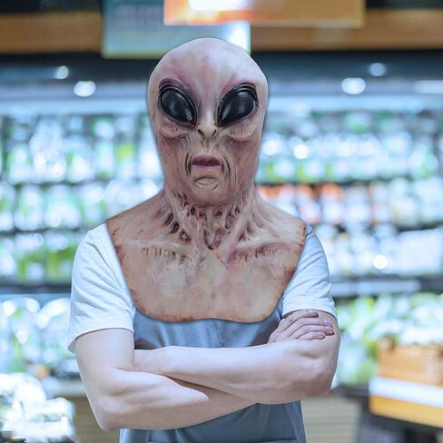 قناع هالفورد UFO الفضائي، قناع رأس للهالوين مخيف واقعي من اللاتكس للبالغين للسفر في الفضاء بعيون أرجوانية لدعائم الحفلات in Kuwait