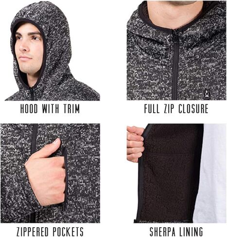 Brooklyn Surf Men's Sherpa Lined Cozy Knit Full Zip Hoodie, Black Marled Gray, Small in Saudi Arabia