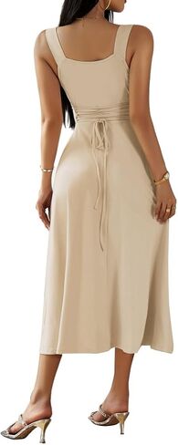 فستان Aossfre نسائي برقبة مربعة بدون أكمام وخصر عالٍ أنيق على شكل حرف A طويل in Kuwait