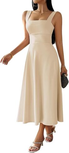 فستان Aossfre نسائي برقبة مربعة بدون أكمام وخصر عالٍ أنيق على شكل حرف A طويل in Kuwait