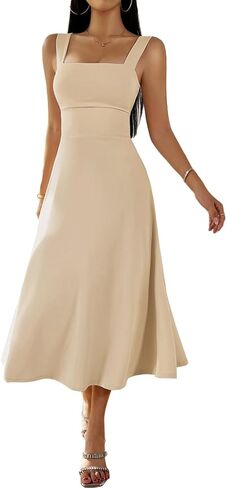 فستان Aossfre نسائي برقبة مربعة بدون أكمام وخصر عالٍ أنيق على شكل حرف A طويل in Kuwait