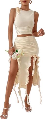 GORGLITTER طقم تنورة نسائي مكون من قطعتين Ruched Tank Top كشكش Bodycon تنورة متوسطة الطول ملابس الخروج in Saudi Arabia