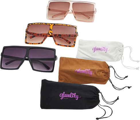 3 Pack Oversized Square Sunglasses for Women with Pouches, Flat Top Dark Shades (3 Designs), Black, Tortoiseshell, and Transparent Light Pink, Oversized in Kuwait