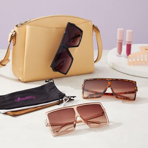 3 Pack Oversized Square Sunglasses for Women with Pouches, Flat Top Dark Shades (3 Designs), Black, Tortoiseshell, and Transparent Light Pink, Oversized in Kuwait