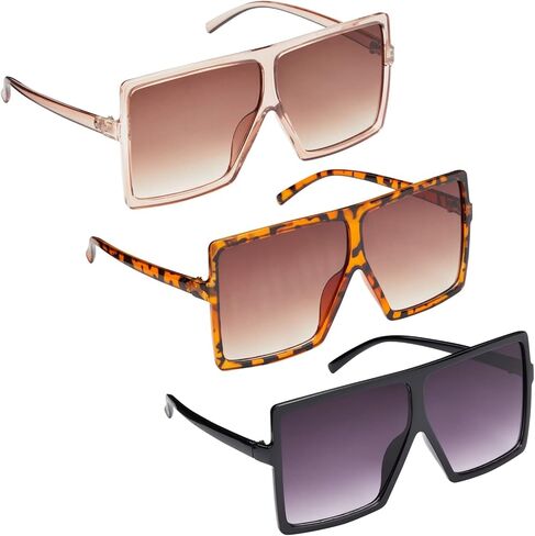 3 Pack Oversized Square Sunglasses for Women with Pouches, Flat Top Dark Shades (3 Designs), Black, Tortoiseshell, and Transparent Light Pink, Oversized in Kuwait