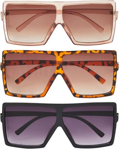 3 Pack Oversized Square Sunglasses for Women with Pouches, Flat Top Dark Shades (3 Designs), Black, Tortoiseshell, and Transparent Light Pink, Oversized in Kuwait