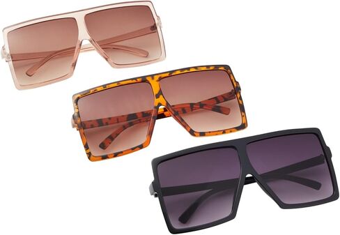 3 Pack Oversized Square Sunglasses for Women with Pouches, Flat Top Dark Shades (3 Designs), Black, Tortoiseshell, and Transparent Light Pink, Oversized in Kuwait