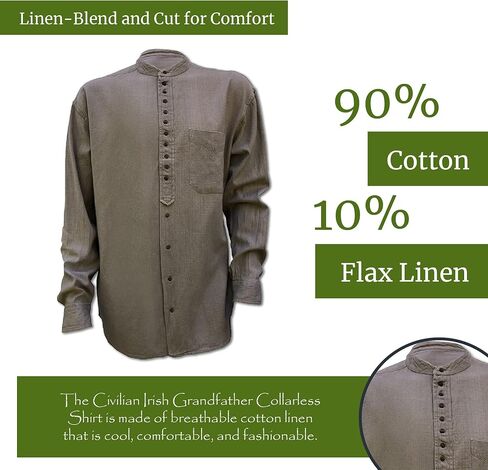 Civilian Irish Grandfather Collarless Shirt, Cotton and Linen Long-Sleeve Traditional Irish Shirt in Saudi Arabia