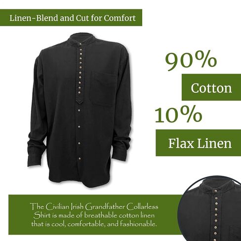 Civilian Irish Grandfather Collarless Shirt, Cotton and Linen Long-Sleeve Traditional Irish Shirt in Saudi Arabia