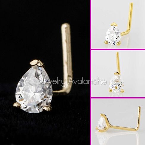Jewelry Avalanche Pear Shape Moissanite 14K Gold L-shape Nose Stud 22G L-bend Nose Ring Stud V-prong set Teardrop Gemstone Unisex Stud in Saudi Arabia