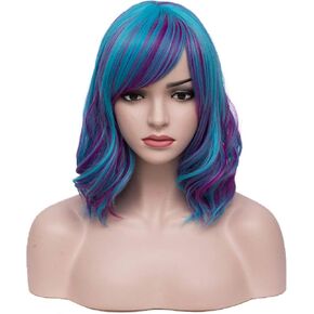 BERON Blue Purple Wig Women's Short Wavy Blue Wig with Bangs Halloween Cosplay Synthetic Wigs (Blue Purple) in Saudi Arabia