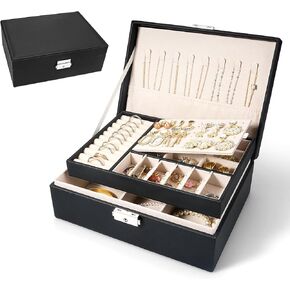 صندوق مجوهرات للنساء والفتيات منظم حامل مجوهرات من طبقتين من جلد البولي يوريثان منظم للأقراط والأقراط وقلادة وسوار وساعة هدية صندوق تخزين مع صينية قابلة للإزالة للرجال، أسود in Kuwait