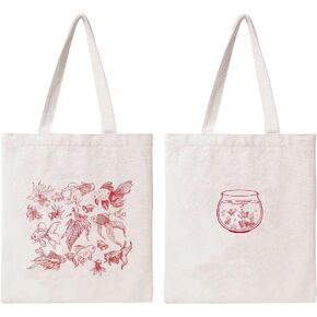 THEYGE Goldfish Canvas Tote Bag Aesthetic Cotton Canvas Bag for Women Cute Fish Tote Bag Shopping Shoulder Bag Beach Bag