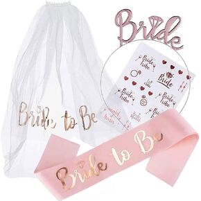Bride to Be Sash, Hen Party Accessories Include Bride Headband Tiara, Veil with Comb, Sash, Tattoos, Bride to Be Gifts Decorations for Wedding,Bachelorette Party,Bridal Shower