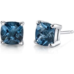 Peora 14K White Gold London Blue Topaz Earrings for Women, Genuine Gemstone Birthstone, Cushion Cut 6mm, 2.25 Carats total, Friction Back in Saudi Arabia