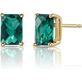 Peora 14K Yellow Gold Created Emerald Earrings for Women, Classic Solitaire Studs, 7x5mm Radiant Cut, 1.75 Carats total, Hypoallergenic, Friction Back in Saudi Arabia