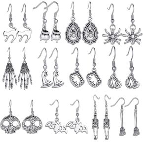 12 زوجًا من أقراط الهالوين الفضية، شبح شبح مخيف، جمجمة اليقطين، قبعة الساحرة، أقراط متدلية مصنوعة يدويًا، أقراط قوطية للهالوين، هدايا مجوهرات للحفلات in Kuwait