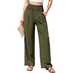 TASAMO Women Palazzo Pants Summer Boho High Waisted Wide Leg Elastic Waist Long Lounge Pant Trousers with Pocket