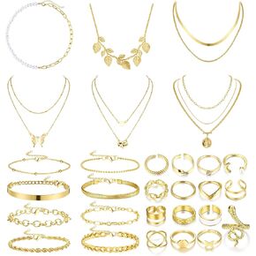 Sanfenly Gold Jewelry Sets for Women Gold Layered Necklaces Chain Bracelets Knuckle Rings Gold Jewelry for Valentine Anniversary Birthday Gift