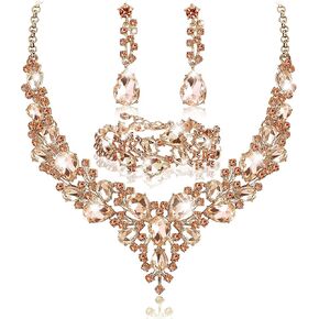 SAILIMUE Wedding Bridal Jewelry Set For Women Rhinestone Teardrop Cluster Statement Necklace Dangle Earrings Bracelet Jewelry Set For Wedding Party Dress Prom