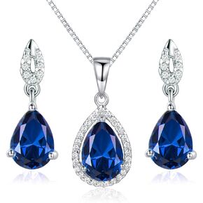 JIANGXIN Teardrop Birthstone 925 Sterling Silver Rhodium Plated Gemstone Jewelry Set for Women Stud Earring Pendant Necklace 16~18inch Italian Box chain in Kuwait
