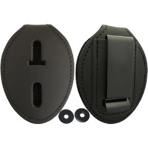 Oval Police Badge Holder Belt Clip - Optional to Use Around The Neck - Black Leather with Badge Polishing Cloth - Perfect Fit USA