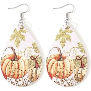 Azusa Sun Thanksgiving Fall Faux Leather Earrings for Women and Girls Pumpkin Dangle Teardrop Earrings Fun Autumn Holiday Decorations