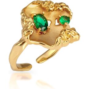 N9NEMUSES خاتم بيان من الذهب عيار 18 قيراط، خاتم مفتوح قابل للتعديل للنساء، خاتم أوراق غير منتظم مع لمسة زركونيا مكعبة باللون الأخضر الزمردي | حجم قابل للتعديل من 5.5 إلى 7.5 in Kuwait