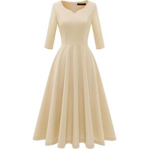 DRESSTELLS فستان نسائي رسمي منقوش عليه زهور لحفلات الزفاف للضيوف فستان وصيفة العروس مناسب لحفلات الشاي المتوهج فستان أودري هيبورن لحفلات الكوكتيل/الكنيسة/الحفلة الراقصة باللون الشامبانيا L in Kuwait