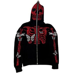 Fernvia Women Zip Up Hoodie Rhinestone Skeleton Goth Clothes Vintage Oversized Sweatshirt Print Jacket Streetwear Coat in Saudi Arabia