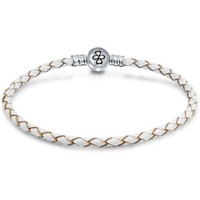 AYLLU Intertwine Infinity Clover Symbol Genuine Blue Brown Purple Pink White Leather Bracelet For Bead Charms .925 Sterling Silver Round Barrel Clasp 7-9 Inch