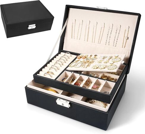 صندوق مجوهرات للنساء والفتيات منظم حامل مجوهرات من طبقتين من جلد البولي يوريثان منظم للأقراط والأقراط وقلادة وسوار وساعة هدية صندوق تخزين مع صينية قابلة للإزالة للرجال، أسود in Kuwait