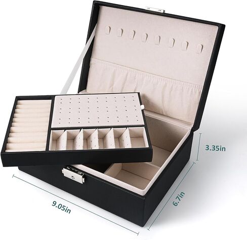 صندوق مجوهرات للنساء والفتيات منظم حامل مجوهرات من طبقتين من جلد البولي يوريثان منظم للأقراط والأقراط وقلادة وسوار وساعة هدية صندوق تخزين مع صينية قابلة للإزالة للرجال، أسود in Kuwait