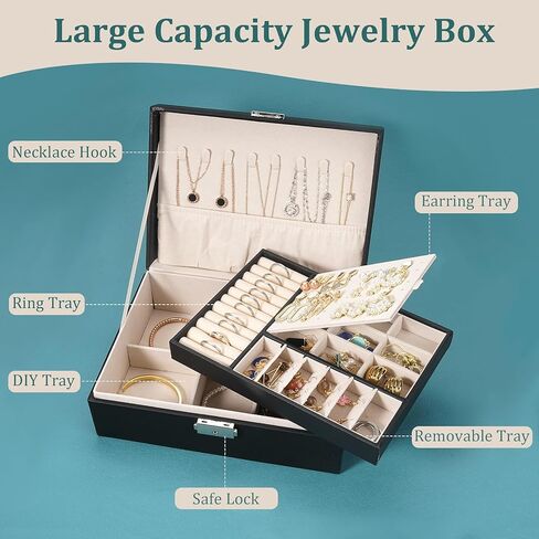 صندوق مجوهرات للنساء والفتيات منظم حامل مجوهرات من طبقتين من جلد البولي يوريثان منظم للأقراط والأقراط وقلادة وسوار وساعة هدية صندوق تخزين مع صينية قابلة للإزالة للرجال، أسود in Kuwait