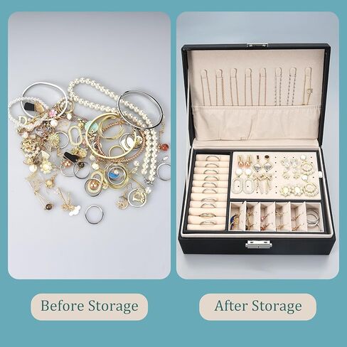 صندوق مجوهرات للنساء والفتيات منظم حامل مجوهرات من طبقتين من جلد البولي يوريثان منظم للأقراط والأقراط وقلادة وسوار وساعة هدية صندوق تخزين مع صينية قابلة للإزالة للرجال، أسود in Kuwait