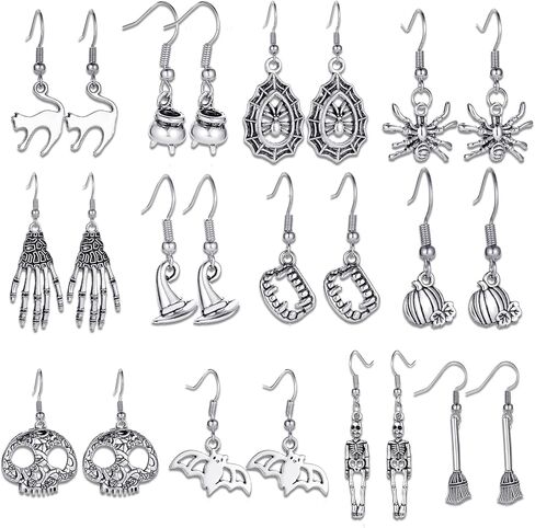 12 زوجًا من أقراط الهالوين الفضية، شبح شبح مخيف، جمجمة اليقطين، قبعة الساحرة، أقراط متدلية مصنوعة يدويًا، أقراط قوطية للهالوين، هدايا مجوهرات للحفلات in Kuwait