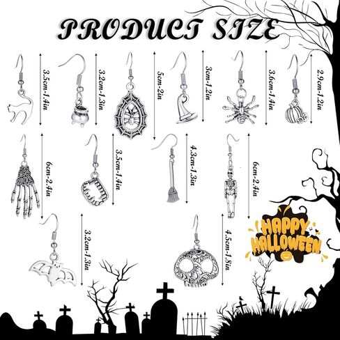 12 زوجًا من أقراط الهالوين الفضية، شبح شبح مخيف، جمجمة اليقطين، قبعة الساحرة، أقراط متدلية مصنوعة يدويًا، أقراط قوطية للهالوين، هدايا مجوهرات للحفلات in Kuwait