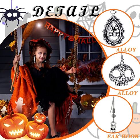 12 زوجًا من أقراط الهالوين الفضية، شبح شبح مخيف، جمجمة اليقطين، قبعة الساحرة، أقراط متدلية مصنوعة يدويًا، أقراط قوطية للهالوين، هدايا مجوهرات للحفلات in Kuwait